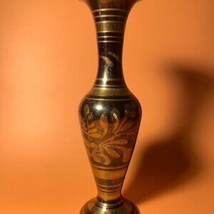 Etched Solid Brass Vase Vintage Hand Made Floral Engraved 8" India